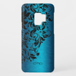 Metallic Turquoise-Blue & Black Lace Design Case-Mate Samsung Galaxy S9 Case<br><div class="desc">Elegant blue-green turquoise metallic background brushed aluminium look black floral lace. Customisable monogram.</div>