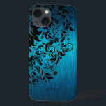 Metallic Turquoise Brushed Aluminium Black Lace 2 iPhone 13 Case<br><div class="desc">Elegant blue-green turquoise metallic background brushed aluminium look black floral lace. Customisable monogram. Several version on this design with different lace position.</div>