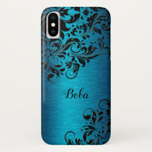 Metallic Turquoise With Black Floral Lace Monogram Case-Mate iPhone Case