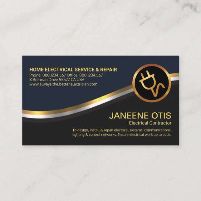 Metallic Waves Blue Grey Layers Electrician Business Card (Front)