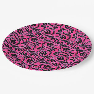 Metallic Waves-Hot Pink-Black-PAPER PARTY PLATES