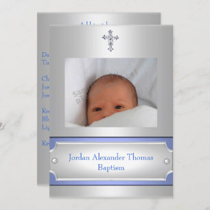 Metallic White Photo Frame Cross Baptism Blue Invitation