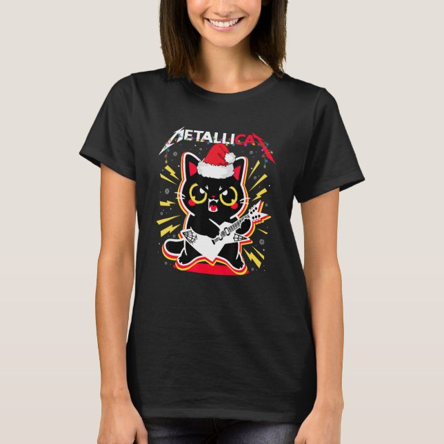 Metallicat Funny Cat Rock 90s Guitar Bass Merry Ch T-Shirt (Front)