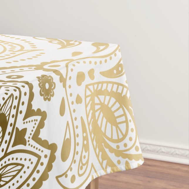 MetallicGold White Floral Paisley Tablecloth (In Situ)