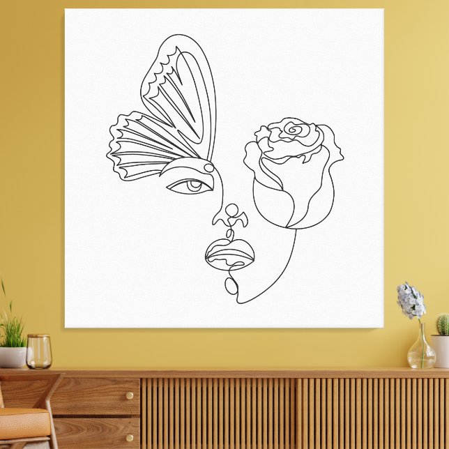 Metamorphosis – Abstract Butterfly & Rose Line Art Canvas Print (Insitu(LivingRoom))