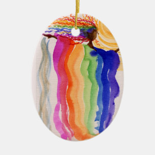 Metamorphosis Rainbow Woman Watercolor Painting Ceramic Tree Decoration
