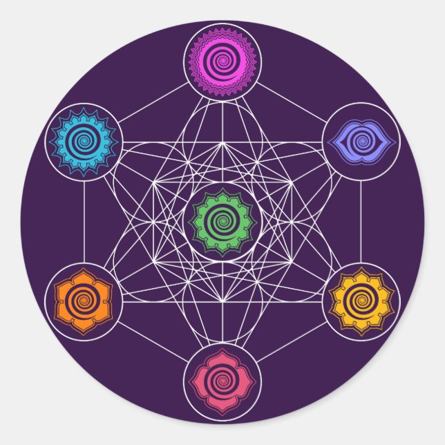Metatrons Cube, Chakras, Cosmic Energy Centres Classic Round Sticker (Front)