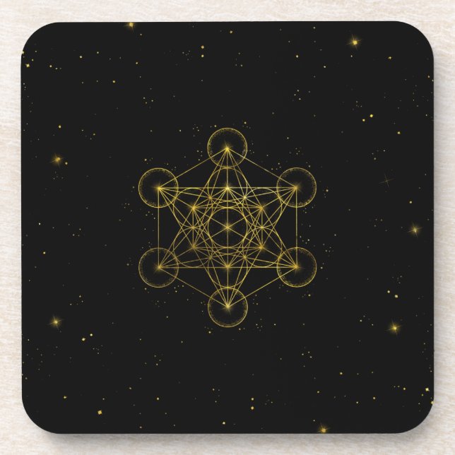 Metatron's Cube Sacred Geometry Black and gold Coaster (Front)