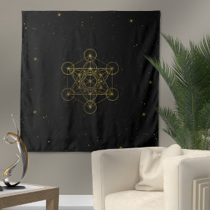 Metatron's Cube Sacred Geometry Black and gold Tapestry