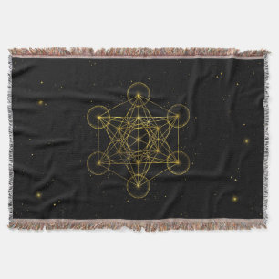 Metatron's Cube Sacred Geometry Black and gold Throw Blanket