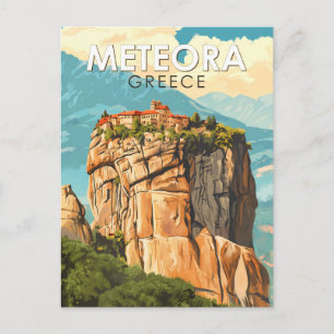Meteora Greece Illustration Travel Art Vintage Postcard