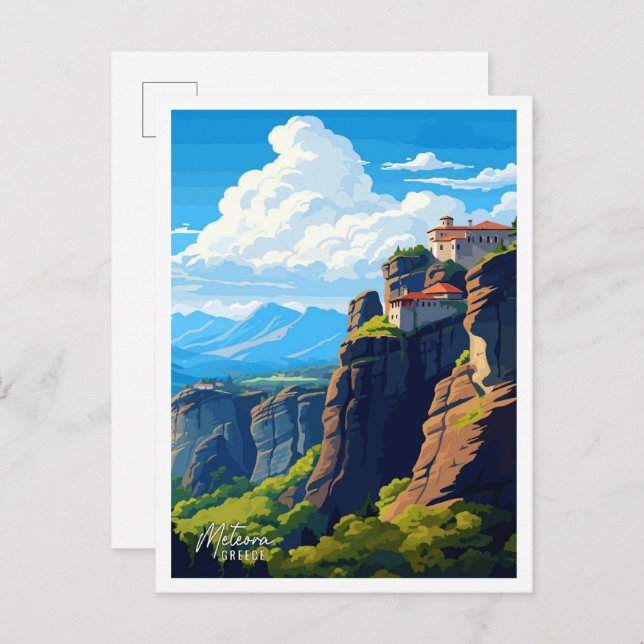 Meteora Greece vintage travel illustration Postcard (Front/Back)