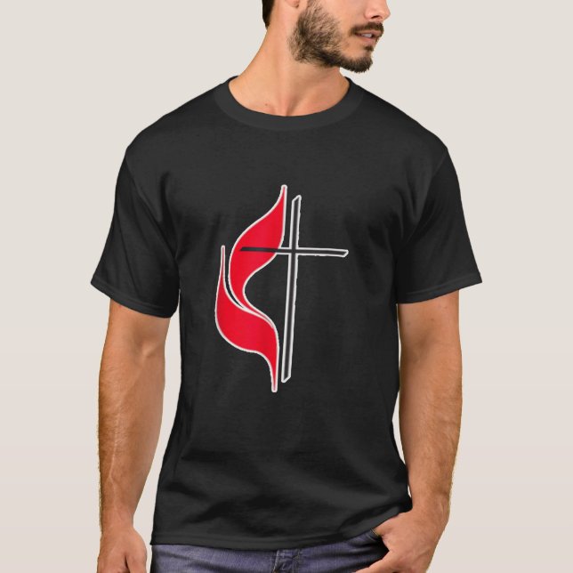 Methodist Flag Christian Cross and Flame  T-Shirt (Front)