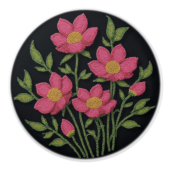 Metis Native Beadwork Cosmos Flowers Ceramic Knob (Front)