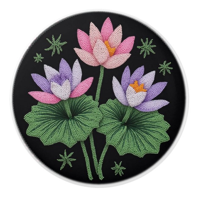 Metis Native Beadwork Floral Lotus Ceramic Knob (Front)