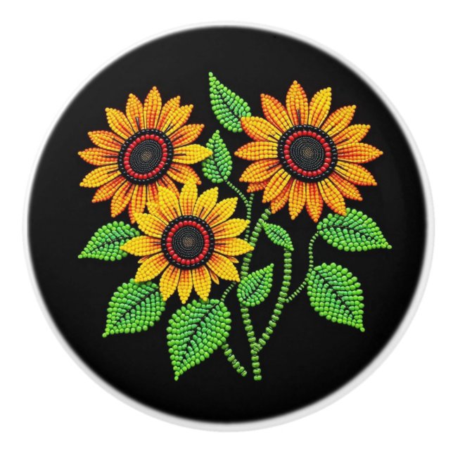 Metis Native Beadwork Sunflowers Ceramic Knob (Front)