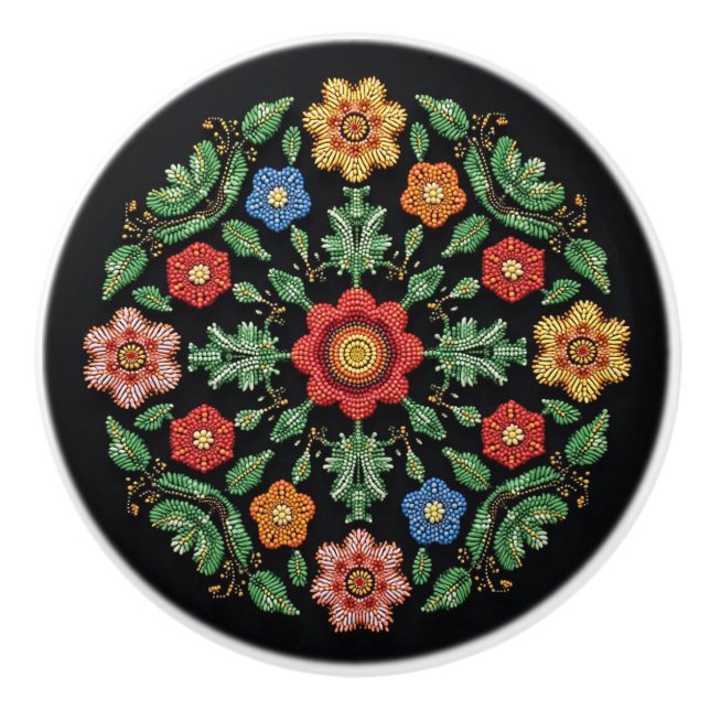 Metis Native Beadwork Wildflowers Art Ceramic Knob (Front)