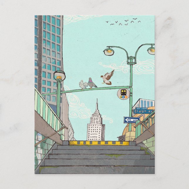 Metro Stop Manhattan NYC Whimsical Illustration Postcard (Front)