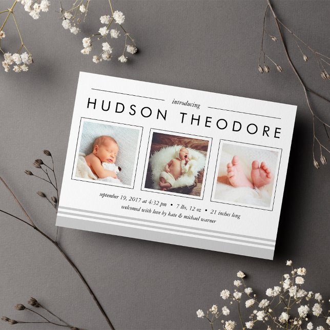 Metro Stripe Birth Announcement | Grey (Creator Uploaded)