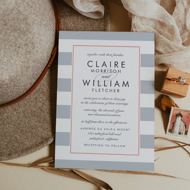 Metro Stripe Wedding Invitation | Coral and Grey (Creator Uploaded)