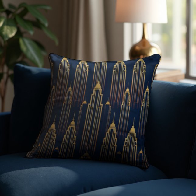 Metropolis Rose Brass - Luxe Deco Geometry Cushion (Jazz Age opulence. Rose brass Art Deco skyscrapers for luxurious interiors.)