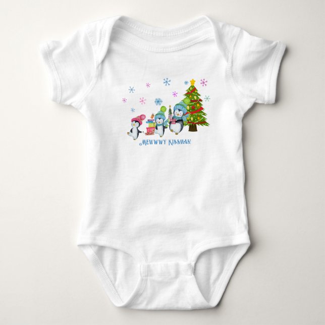 Mewwwy Kissmas Penguins, Sled and Tree  Baby Bodysuit (Front)