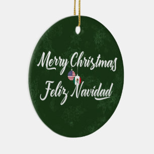 Mexican American Bilingual Merry Christmas Ceramic Tree Decoration