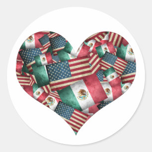 Mexican/American Flags Heart  Classic Round Sticker