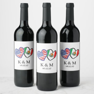 Mexican American Heart Flags Wine Label