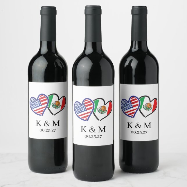 Mexican American Heart Flags Wine Label (Bottles)