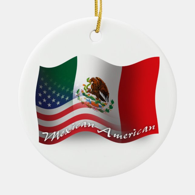 Mexican-American Waving Flag Ceramic Tree Decoration (Front)