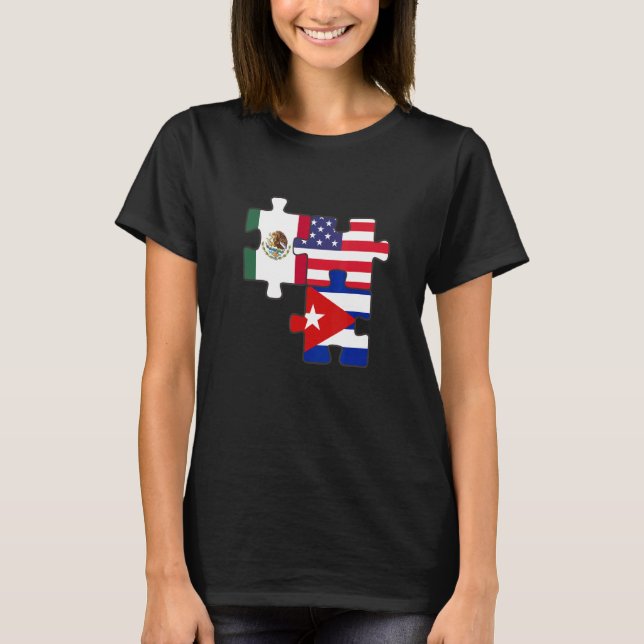 Mexican And Cuban Roots Plus Usa Flag T-Shirt (Front)