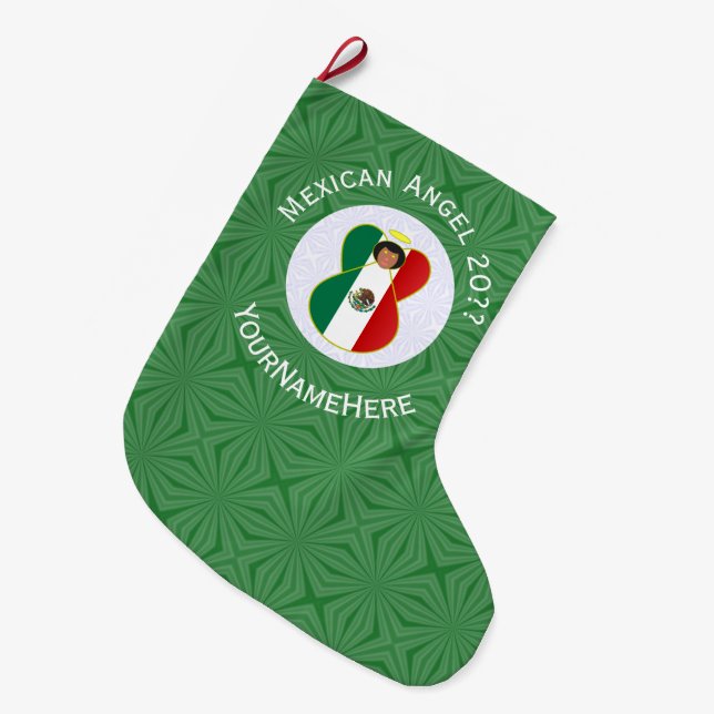 Mexican Angel Christmas Flag Personalised  Large Christmas Stocking (Front (Hanging))