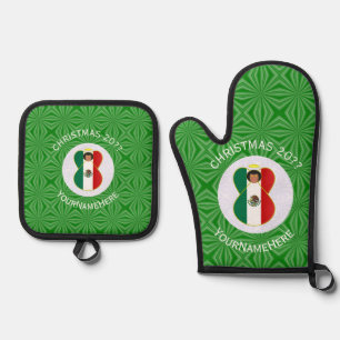 Mexican Angel Christmas Flag Personalized Oven Mitt & Pot Holder Set