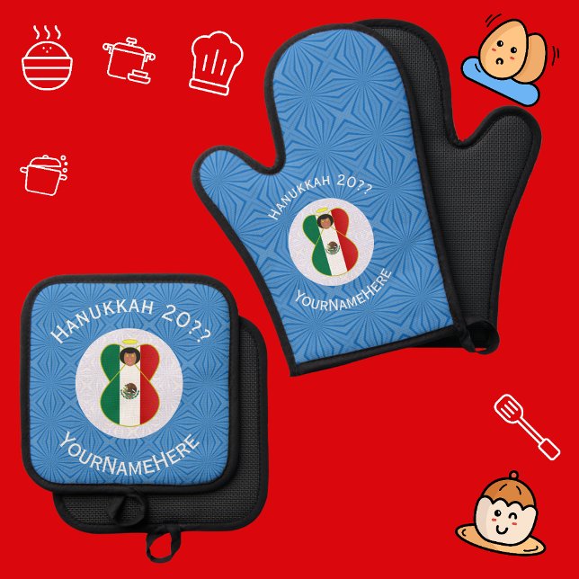 Mexican Angel Hanukkah Flag Personalised  Oven Mitt & Pot Holder Set (Oven mitts for Hanukkah with an angel dressed in Mexican flag. White text for name, year, holiday.)