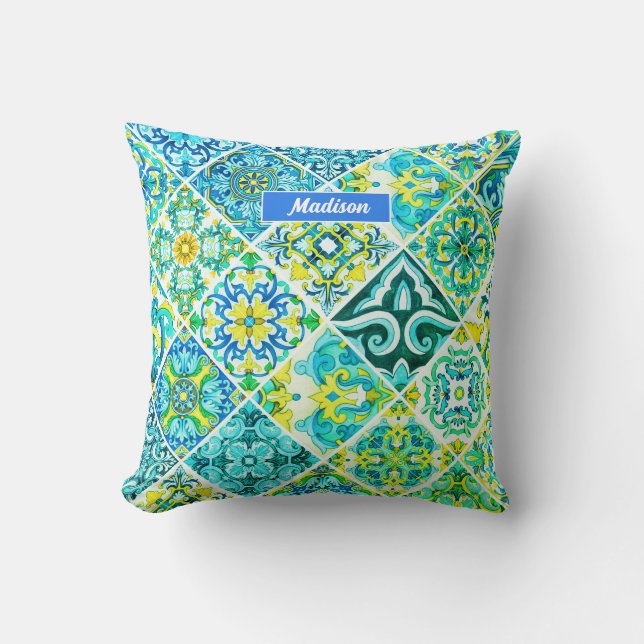 Mexican aqua mint Sicilian Mediterranean tiles Cushion (Front)