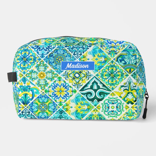 Mexican aqua mint Sicilian Mediterranean tiles Dopp Kit (Front)