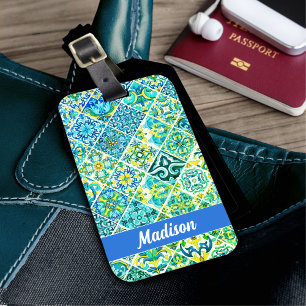 Mexican aqua mint Sicilian Mediterranean tiles Luggage Tag