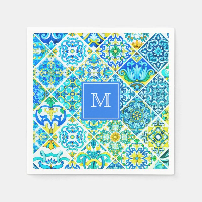 Mexican aqua mint Sicilian Mediterranean tiles Napkin (Front)