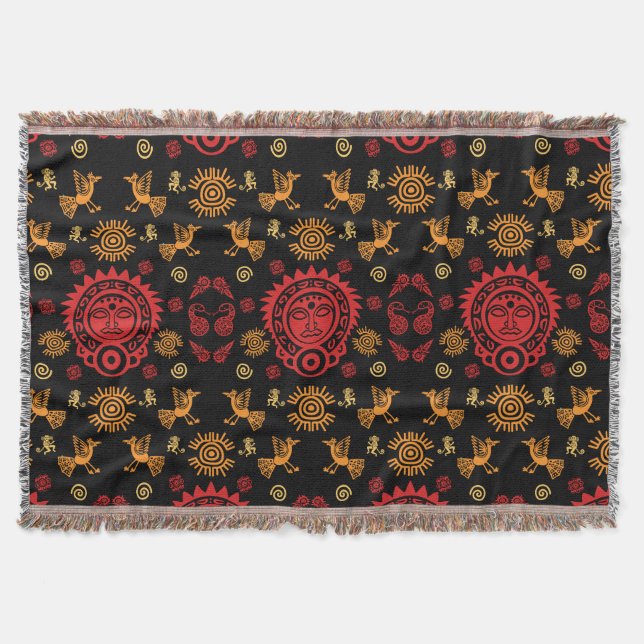 Mexican Aztec Pattern Print Throw Blanket (Front)