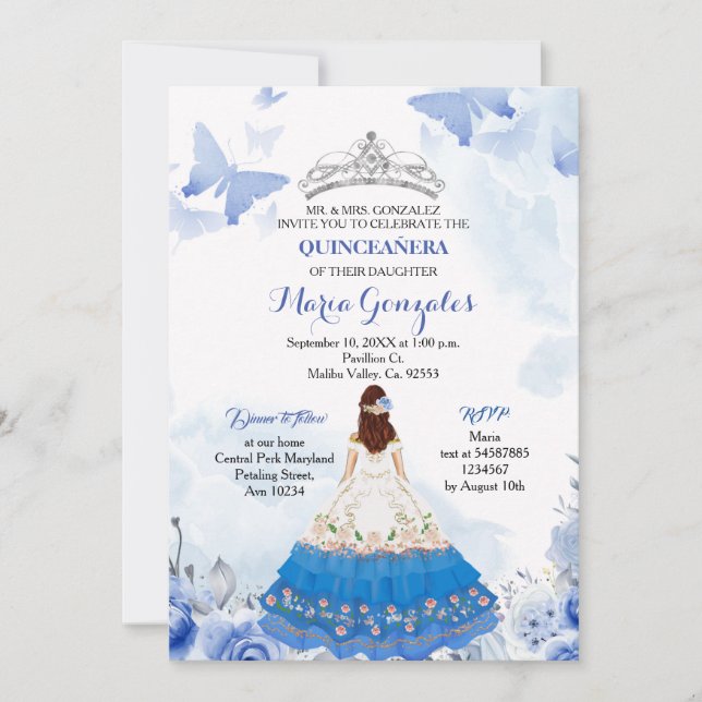 Mexican Baby Blue Butterfly Quinceanera Birthday Invitation (Front)