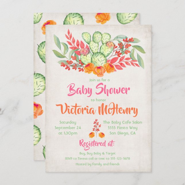 Mexican Baby Shower Watercolor Cactus Invitations (Front/Back)