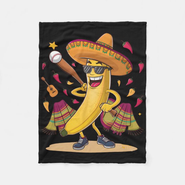 Mexican Banana Playing Baseball Funny Cinco De May Fleece Blanket (Front)