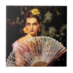 Mexican Beautiful Calendar Girl with Lace Fan  Tile