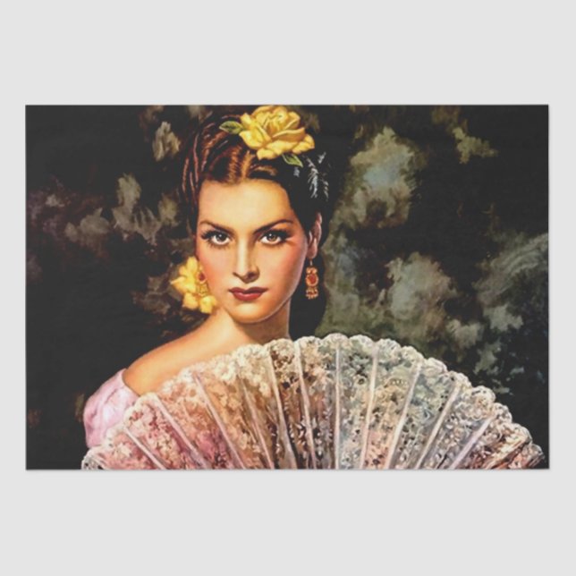 Mexican Beautiful Calendar Girl with Lace Fan  Tissue Paper (Front)