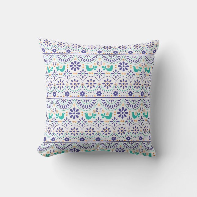 Mexican Bird Tile Folk Art Pattern Cushion (Front)