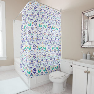 Mexican Bird Tile Folk Art Pattern Shower Curtain