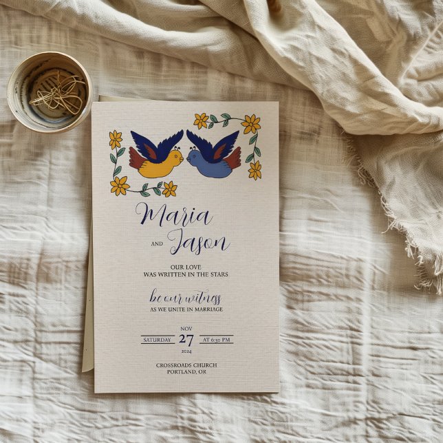 Mexican Birds Floral Blue Yellow Charming Wedding Invitation (Mexican Birds Floral Blue Yellow Charming Wedding Invitation)