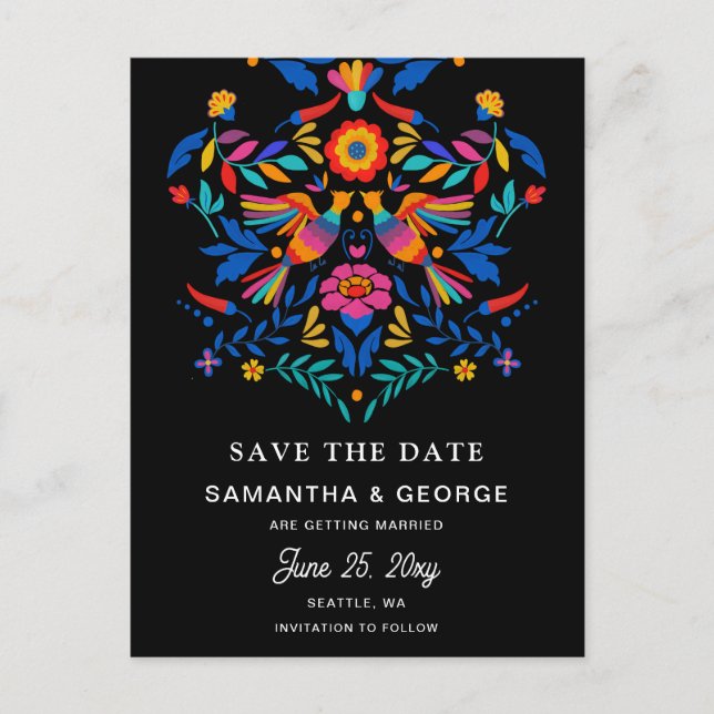 Mexican Birds Otomi Floral Fiesta Save The Date Announcement Postcard (Front)