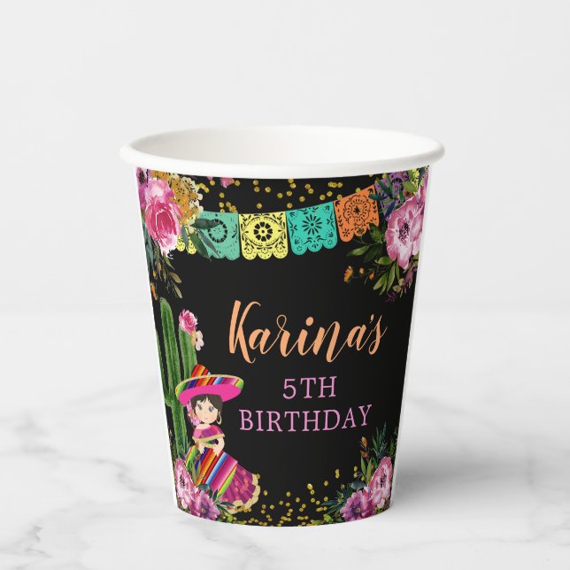 Mexican Black Colourful Fiesta Floral Birthday Paper Cups (Front)
